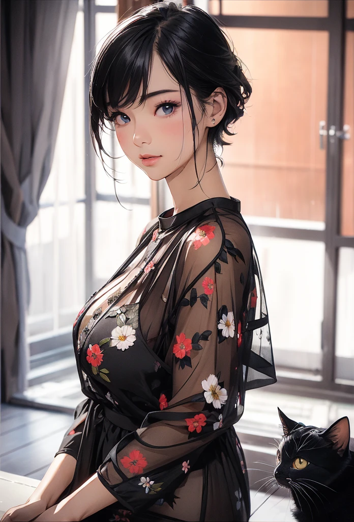 (8k、Realism、original photography、top quality: 1.3)、(1 girl in)、super beautiful、(serious)、(childish、Natural color berry shorthair cat)、T-shirt with open chest、lace，Engage your audience、beautiful expression、Beautiful big、Lover&#39;s perspective、（real skin）、beautiful smile、（Soldier）、Tempting、ultra high resolution、Surrealism、high detail、On the flower