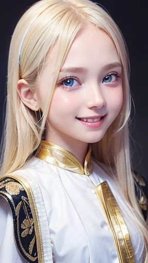 shiny skin、 Very cute and beautiful face、Shiny and very beautiful bright white skin、very beautiful and cute pale blue eyes、Beautiful very long shiny silky blonde hair with golden shine、(10 years old)、one small very beautiful cute girl、Beautiful cute bright look、Clear double eyelids、((Very happy smile))、Very cute clothes