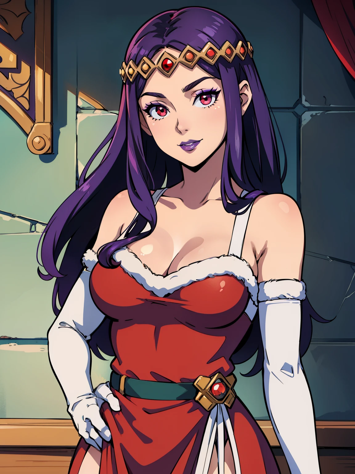 1girl, solo, masterpiece, best quality, high res, highly detailed, (illustration), beautiful detailed eyes, hilda ,purple hair ,purple lips, tiara, red eyes ,lipstick, eye shadow, heavy makeup, warm smile, long white satin elbow gloves ,cowboy shot, (santa), red santa dress, full body, elbow white gloves, long white gloves, sexy poses