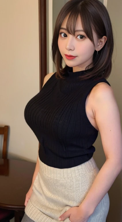 table top, highest quality, figure, super detailed, finely, High resolution, 8k wallpaper, 完璧なダイナミックな構figure, beautiful and fine eyes, natural lip, Sexy knitwear , big breasts, random sexy pose, whole body、Tight Skirt、black pantyhose、perfect knit、Sleeveless knitwear、big breasts