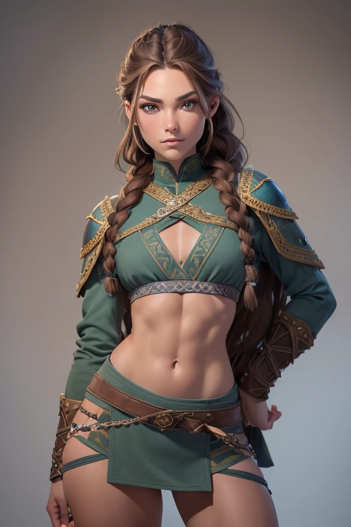 (Obra maestra, La mejor calidad) (young warrior woman of nordic descent), (cuerpo completo) (ojos verdes), (Muscular), (falda de piel), (brown hair color),(loose hair with small braids on the scalp), (top con correa de cuero) plumas, (azul, gray and brown suit), (cuerpo completo).