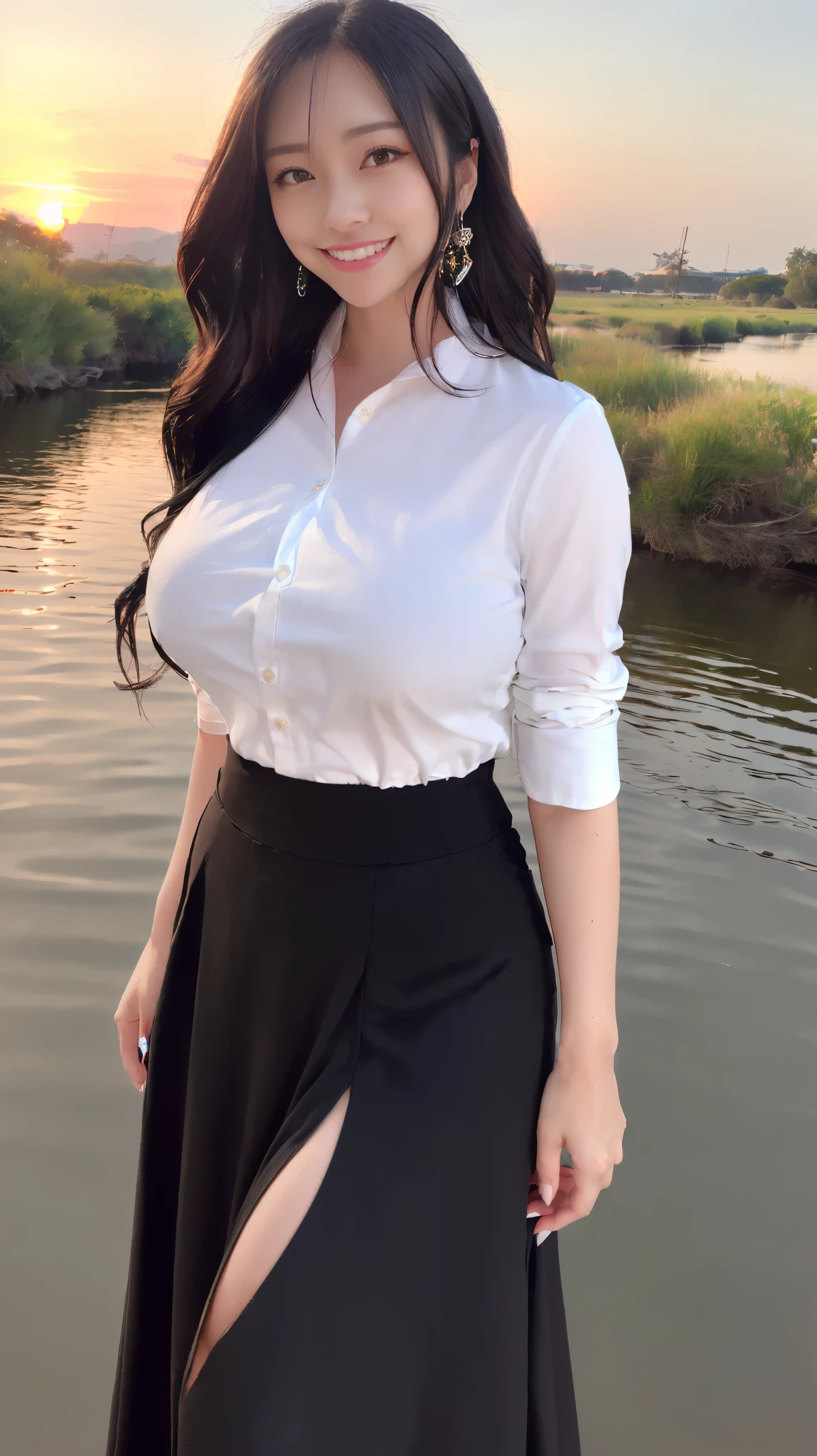 (8K、ultra high resolution、highest quality、masterpiece、realistic、ultra high resolution)、(big breasts、Always wear a white shirt、Always wear a long skirt:1.28)(Standing on the riverbed at a beautiful sunset、Must have long black hair:1.18)japanese woman、cute smile、high heels