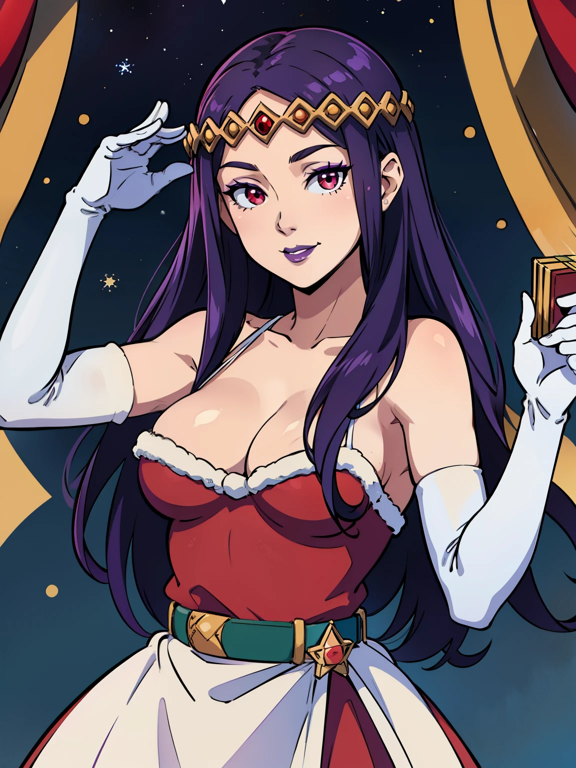 1girl, solo, masterpiece, best quality, high res, highly detailed, (illustration), beautiful detailed eyes, hilda ,purple hair ,purple lips, tiara, red eyes ,lipstick, eye shadow, heavy makeup, warm smile, long white satin elbow gloves ,cowboy shot, (santa), red santa dress, full body, elbow white gloves, long white gloves, sexy poses