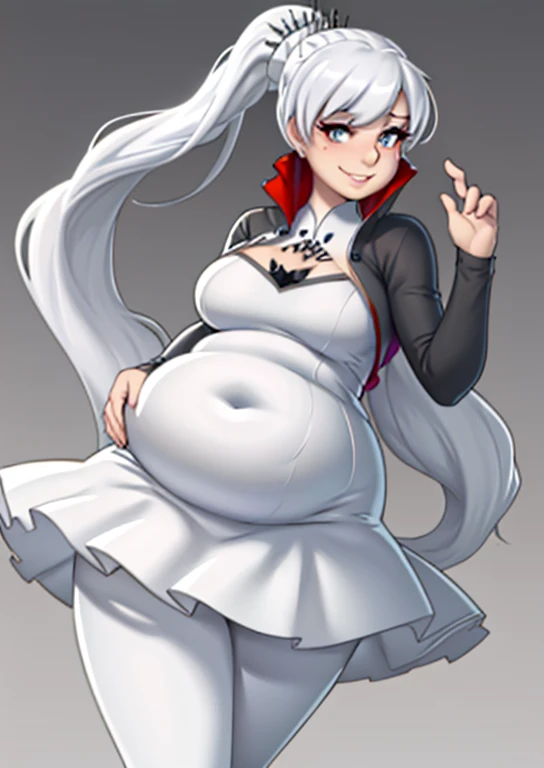art by kipteitei, Weiss, white dress, white leggings, long white hair, obese body, round belly, intimate, looking to the right, smiling face, cartoon, hands behind body, no extra limbs, no extra fingers, 1girl, age 20