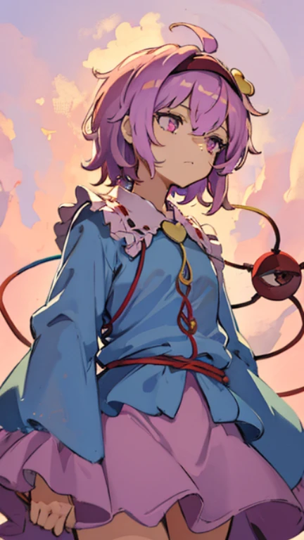 Prompt: Graffiti, beautiful illustration, best quality, watercolor, art, cute petit girl, (transform sequence), from below, upper body, cowboy shot, pink background, simple background, standing, look front, from the front, golden ratio, holographic, heart, floating hair, from below, 1girl,komeiji satori,ahoge, pink hair,pink eyes,short hair,hairband, frilled shirt collar,blue shirt,pink skirt,floral print,long sleeves, wide sleeves, sleeves past wrists,heart, third eye, grey background,