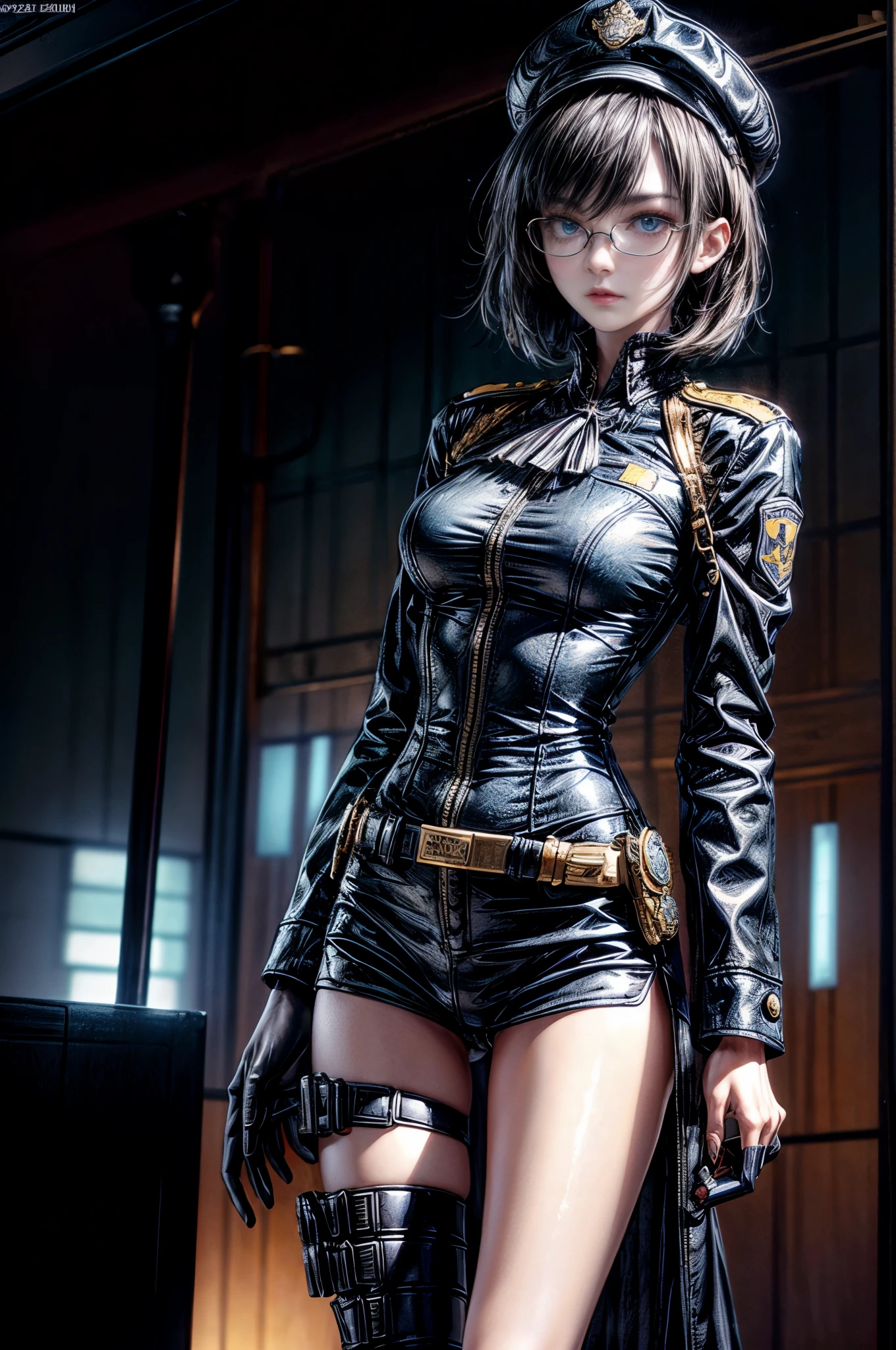 cinematic lighting、highly detailed skin,1 girl, highest quality,cyber punk,(dim color, soothing tone:1.3),(Beautiful woman、Detailed beautiful facial features、short black hair、blue eyes、Glasses、slender body:1.3)profile(Glasses:1.5)break. Opt for a fitted navy blue police uniform with gold accents for a timeless and professional appearance,
BREAK
Enhance the ensemble with a utility belt carrying essential police accessories like handcuffs and a radio,
BREAK
Top off the look with a classic police hat featuring a gold badge for an authoritative touch,
BREAK
Complete the outfit with polished black boots for a sharp and put-together appearance,
BREAK、(morning、1 day chief's work)Great hall in a futuristic city、speech venue、International SP is nearby、(Asa、Outdoor venue where people gather、High-tech screen at the back:1.2)