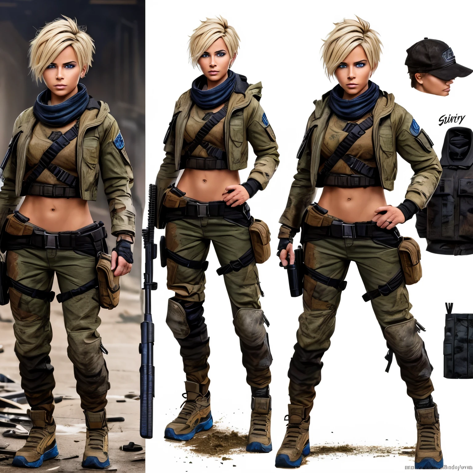 (best quality,highres),(realistic:1.1),(fashionable),(detailed),(colorful),(dynamic),(post-apocalyptic),(blonde hair),(blue eyes),(tomboy),(messy short hair),(character design sheet),(various poses),(various facial expressions),(early-mid 20s),(American),(lady),(unique style),(fierce look),(adventurous),(confident),(well-prepared),(stylish clothing),(cool gear),(gritty),(scavenger)