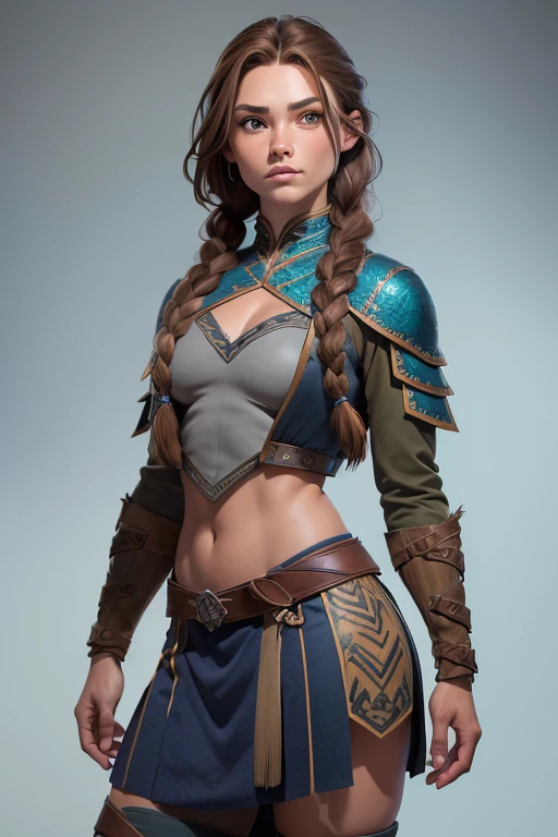 (Obra maestra, La mejor calidad) (young warrior woman of nordic descent), (cuerpo completo) (ojos verdes), (Muscular), (falda de piel), (brown hair color),(loose hair with small braids on the scalp), (top con correa de cuero) plumas, (azul, gray and brown suit), (cuerpo completo).