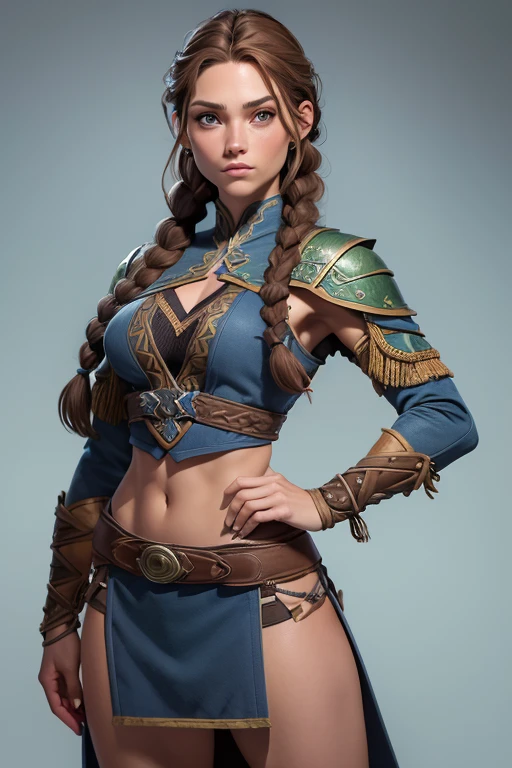 (Obra maestra, La mejor calidad) (young warrior woman of nordic descent), (cuerpo completo) (ojos verdes), (Muscular), (falda de piel), (brown hair color),(loose hair with small braids on the scalp), (top con correa de cuero) plumas, (azul, gray and brown suit), (cuerpo completo).