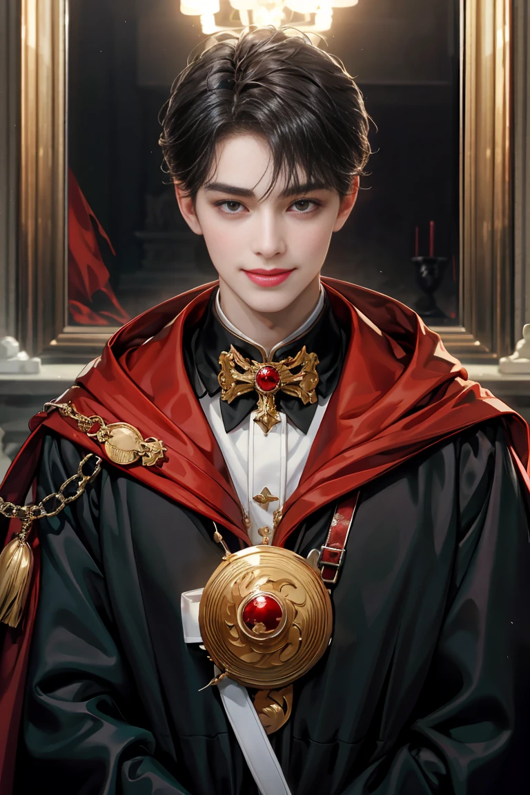 masterpiece, 最high quality, high quality, 1 boy, alone, male focus, looking at the viewer, whole body, victory_destiny, messy black hair, blue adorable big eyes, white people, Noble, noble, noble的な吸血鬼、Tuxedo,A very large red and black cloak with a collar., 30 years old,Cute Beautiful Boy,shy smile