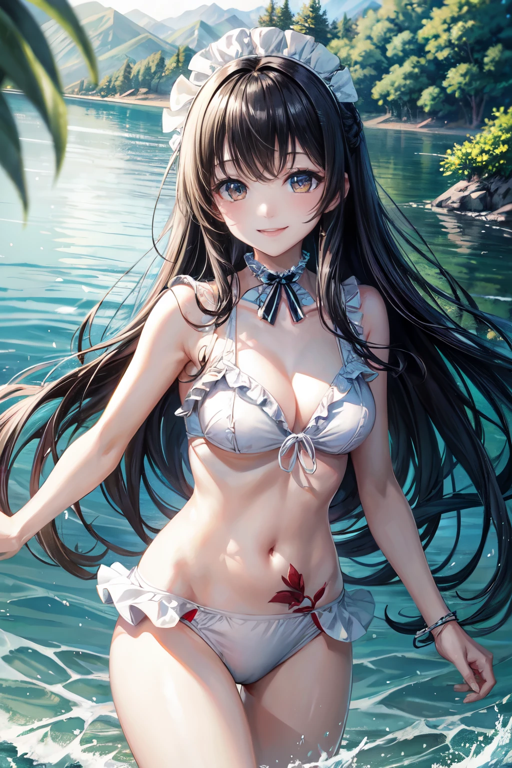 (Enrich the picture,Masterpiece level quality)Beautiful 8K CG artwork,Goddess-like posture,sittinng on the river,Postural exercises,Slim and soft,Translucent skin,Blue hair、The beauty of extra-long hair, Super Long Straight Hair,The skin is fair and juicy,Big breasts underwear uniform,Perspective Part 1.2x enhanced silhouette effect,Exquisite transparent blues pattern in pajamas,The details are intricate and exquisite,The background is slightly blurred,Charming and lustful leg seduction,Drool,J-cup big breasts are oversized,Blush,Japan goddess,Perfect body slim curves,Scene by the sea,