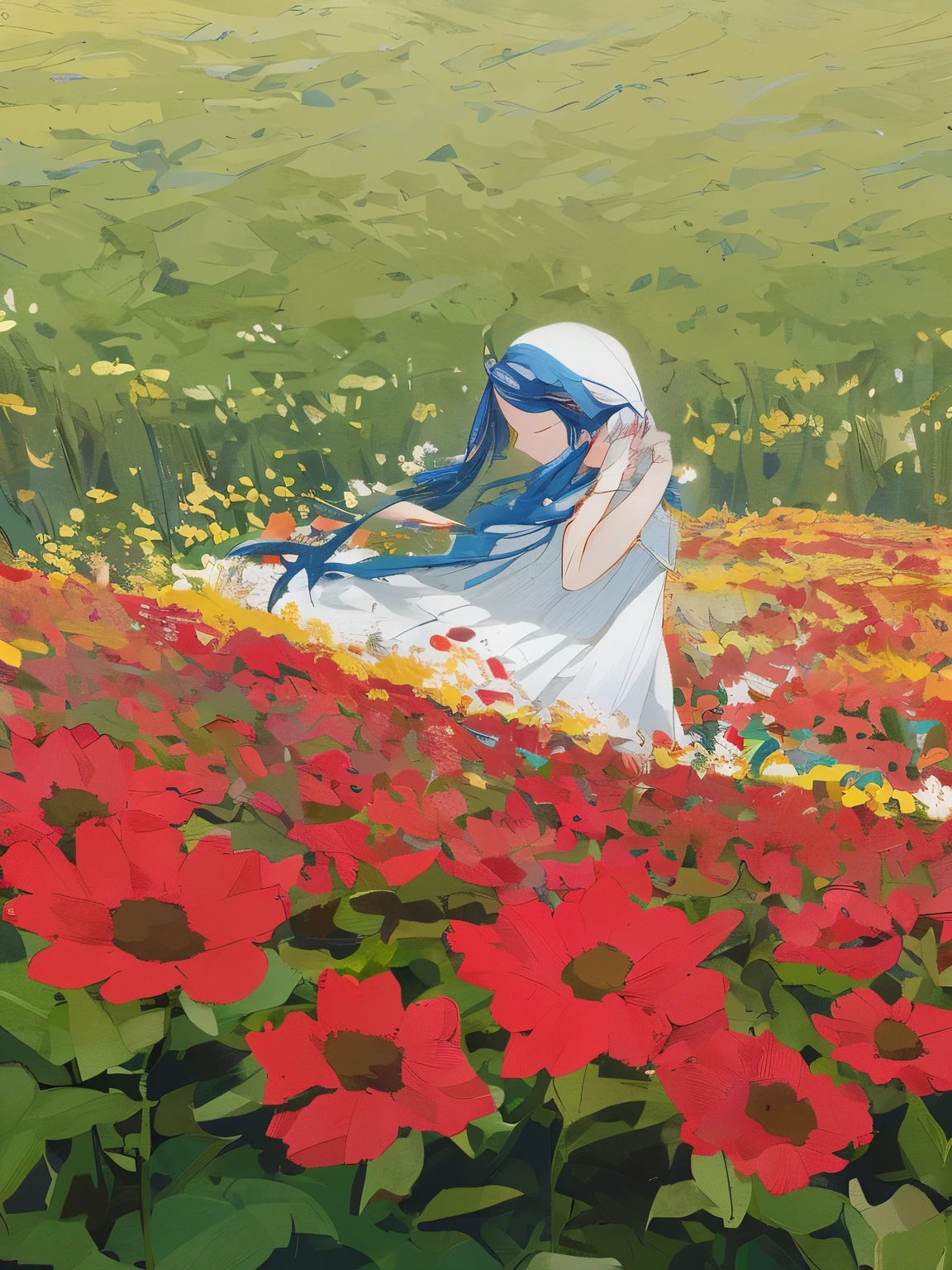 Masterpiece, best quality, a girl with long hair, soft white clothes, alone in a never-ending flower field