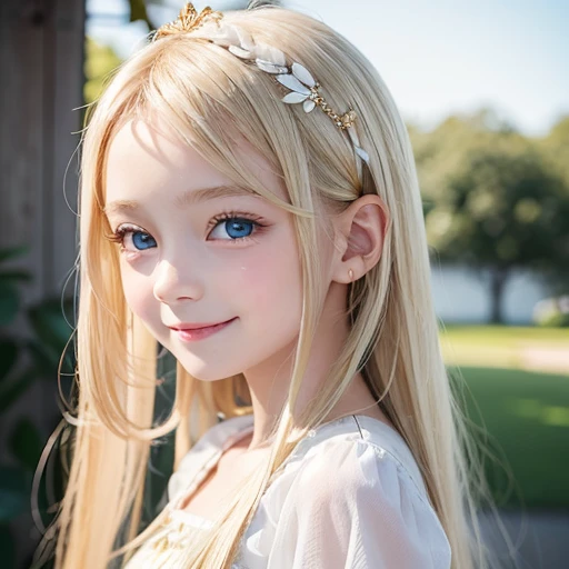 shiny skin、 Very cute and beautiful face、Shiny and very beautiful bright white skin、very beautiful and cute pale blue eyes、Beautiful very long shiny silky blonde hair with golden shine、()、one small very beautiful cute girl、Beautiful cute bright look、Clear double eyelids、((Very happy smile))、Very cute clothes