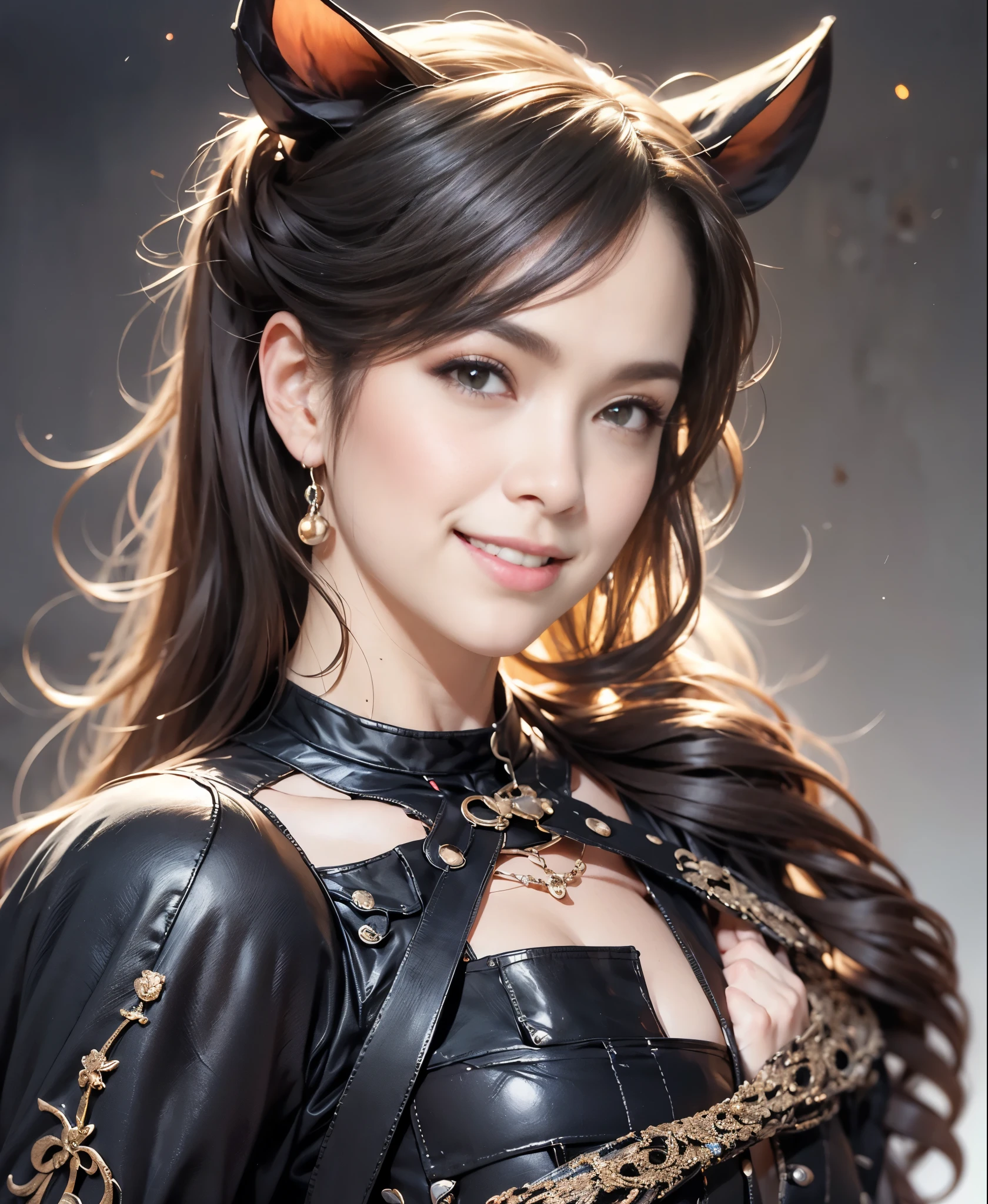 highest quality, masterpiece, attention to detail, realistic, 1 girl, beautiful hands, sexy, whole body, Blissful smile、black leather costume