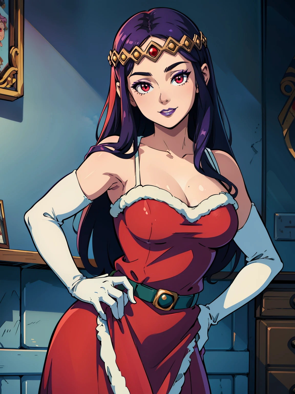 1girl, solo, masterpiece, best quality, high res, highly detailed, (illustration), beautiful detailed eyes, hilda ,purple hair ,purple lips, tiara, red eyes ,lipstick, eye shadow, heavy makeup, warm smile, long white satin elbow gloves ,cowboy shot, (santa), red santa dress, full body, elbow white gloves, long white gloves, sexy poses