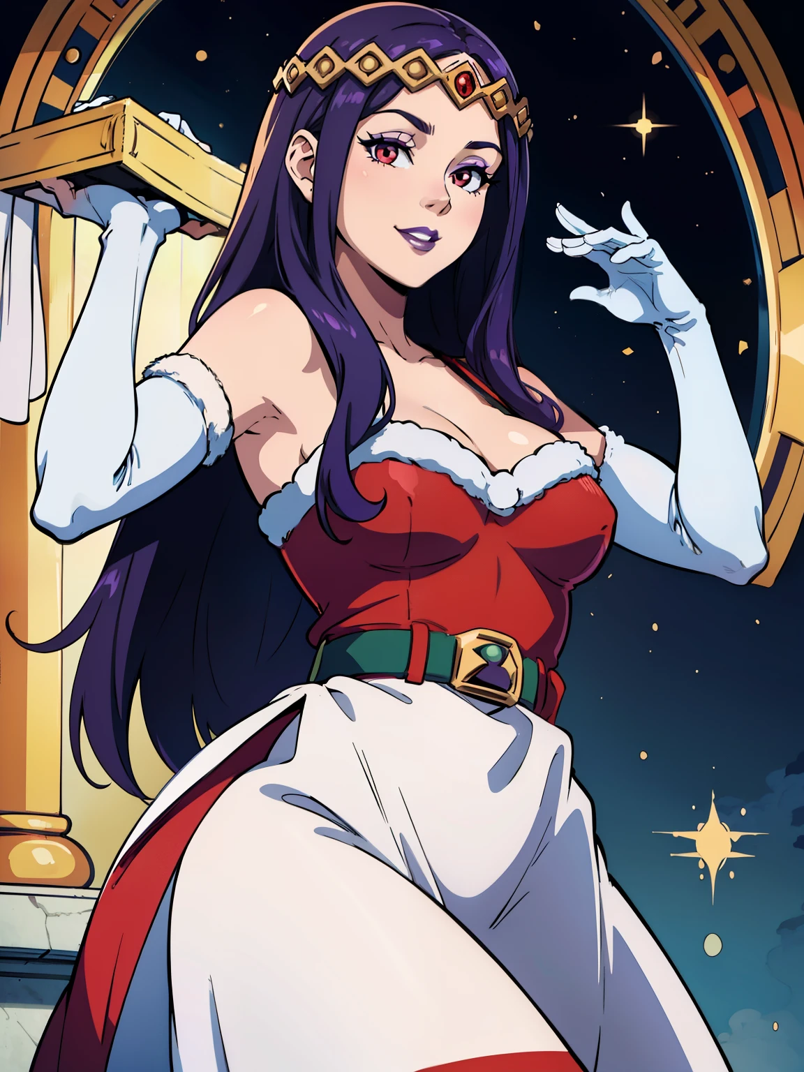 1girl, solo, masterpiece, best quality, high res, highly detailed, (illustration), beautiful detailed eyes, hilda ,purple hair ,purple lips, tiara, red eyes ,lipstick, eye shadow, heavy makeup, warm smile, long white satin elbow gloves ,cowboy shot, (santa), red santa dress, full body, elbow white gloves, long white gloves, sexy poses