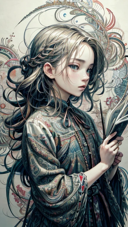official art, unity 8k wallpaper, Super detailed, beautiful and aesthetic, masterpiece, highest quality, (zentangle, mandala, tangle, entangle), (fractal art:1.3) ,( 1 girl:1.4), very detailed, dynamic angle, cowboy shot, the most beautiful form of chaos, elegant, brutal designer, Bright colors, romanticism, Written by James Jean, robbie dowi antono, Ross Tran, francis bacon, Michael Mraz, Adrian's genius, Petra Cortright, Gerhard Richter, takato yamamoto, ashley wood, in the atmosphere, ecstasy of notes, Streaming notes are displayed,gear,fine decoration, Beautiful relief, collection of small parts,
