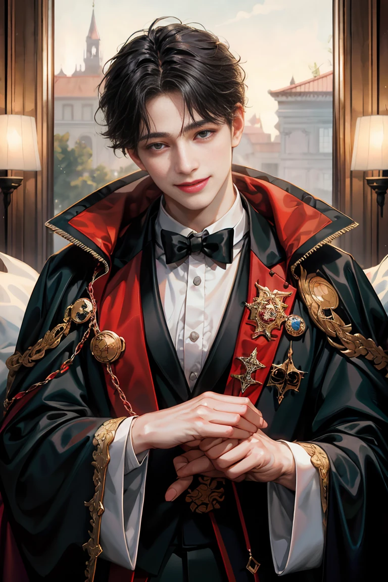 masterpiece, 最high quality, high quality, 1 boy, alone, male focus, looking at the viewer, whole body, victory_destiny, messy black hair, blue adorable big eyes, white people, Noble, noble, noble的な吸血鬼、Tuxedo,A very large red and black cloak with a collar., 38 years old,Cute Beautiful Boy,shy smile