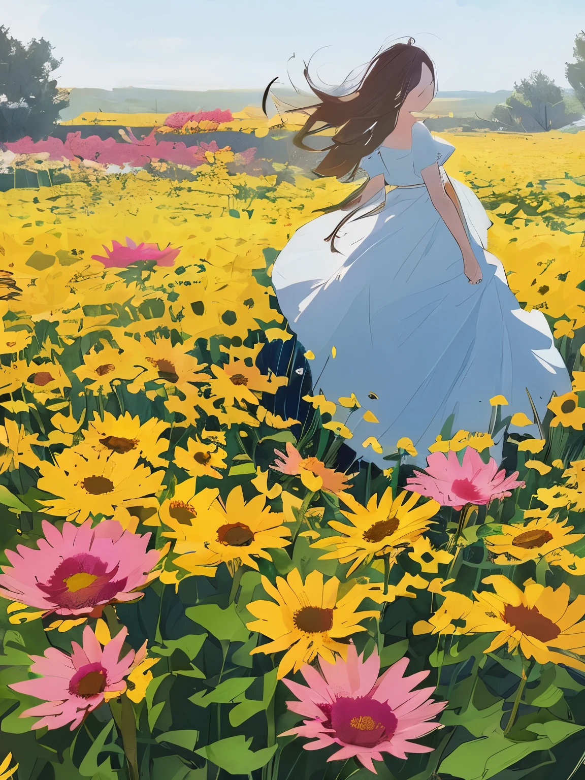 Masterpiece, best quality, a girl with long hair, soft white clothes, alone in a never-ending flower field