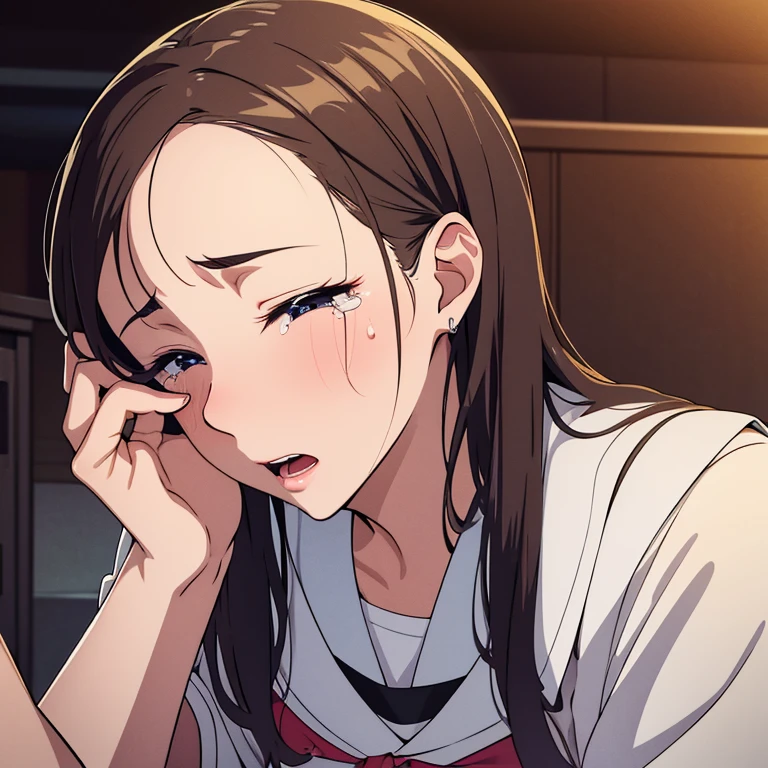 胸の小さな痩せている全裸の女学生,{best quality}, {very aesthetic}, {ultra-detailed}, {best illustration}, nsfw, classroom, man, penis, fellatio, irrumatio, sobbing, tears, open one eye wide, close another eye , catch head, drool