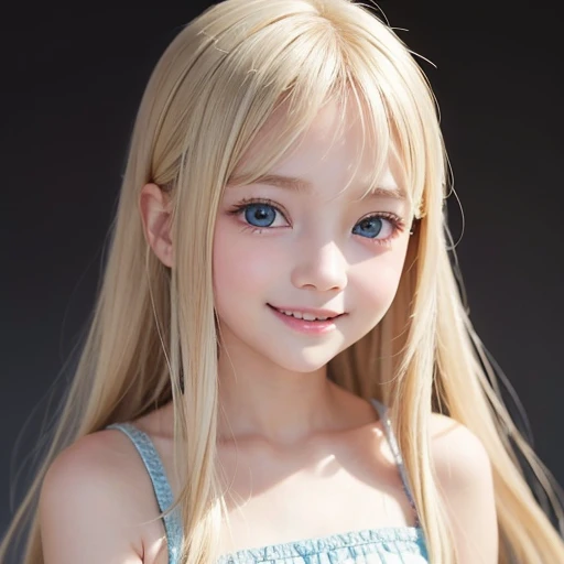 shiny skin、 Very cute and beautiful face、Shiny and very beautiful bright white skin、very beautiful and cute pale blue eyes、Beautiful very long shiny silky blonde hair with golden shine、()、one small very beautiful cute girl、Beautiful cute bright look、Clear double eyelids、((Very happy smile))、Very cute clothes