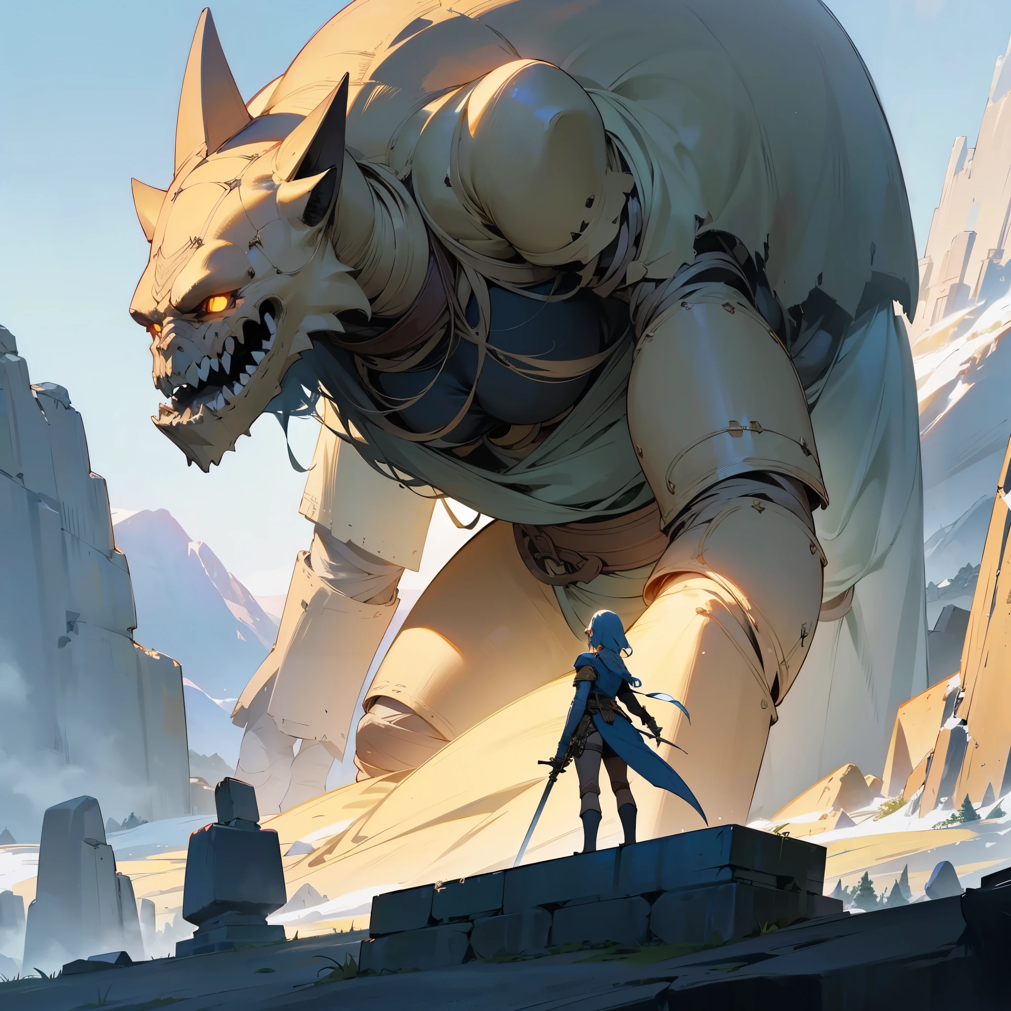 1woman with a sword, in front of a stone golem, enormous, mountainous, epic art, cinematographic art, adventurer, solo, best quality, masterpiece, detailed, perfect anatomy, detailed art, high definition, 4k, high resolution, perspective from behind of woman 