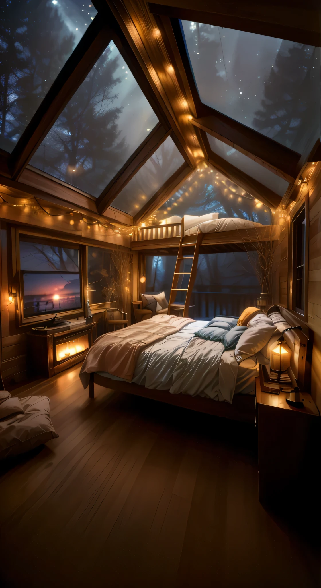 arafed bedroom with a bed and a ladder and a television, cozy room, cozy treehouse bedroom, cozy lights, cozy place, very magical and dreamy, cosy atmoshpere, cozy environment, cozy lighting, cosy vibes, cozy and calm, cozy and peaceful atmosphere, cozy aesthetic, cozy bed, designed for cozy aesthetics!, cozy atmospheric, cozy setting, cozy atmosphere