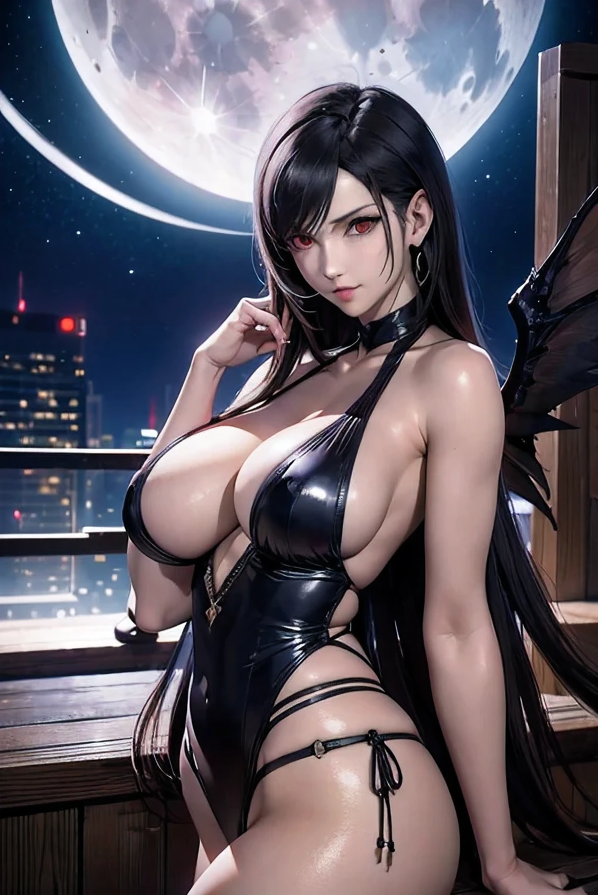 black long hair, the girl has true red eyes, tifa lockhart, The girl is , beautiful skin, realistic anime, anime realism style, Output in 8K, highest quality,Natural light, professional lighting, shiny skin, silky skin, lay tracing, wing on the her back, Angel, Satan, wing, Dark Moon, big moon, dark night, Moonlight, Angel wing or devil wing, Angel tifa or devil tifa,