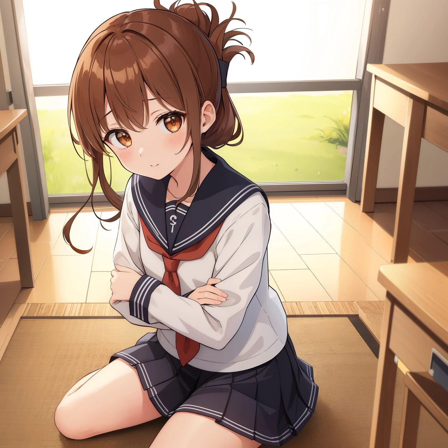 (masterpiece, highest quality:1.2),figure,8K,HD,1 girl,alone,Brown_hair,folded_ponytail,Brown_eye,serafuku,length_hair,School_uniform,skirt,pleats_skirt,セーラー服を着た体調の悪い女子高生がSchoolの体育館に座り、Observing a class while hugging one's knees.