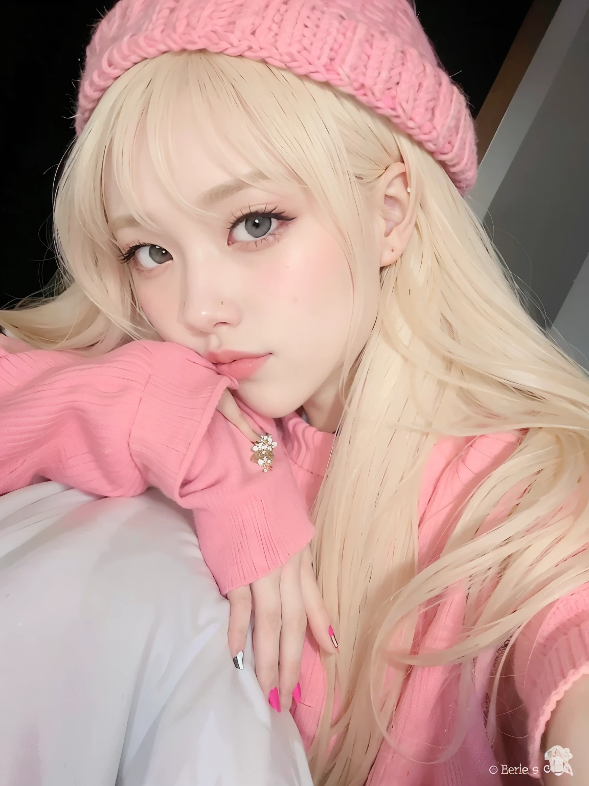 blonde girl with long hair wearing a pink hat and a pink sweater, ulzzang, Lalisa Manobal, pelo largo y blanco y flequillo, con el pelo largo y blanco, pelo largo y rubio y ojos grandes, con pelo largo y blanco, Lalisa Manoban de Blackpink, extremely pale blonde hair, ava max, pelo largo y rubio y ojos grandes, con pelo largo y rubio