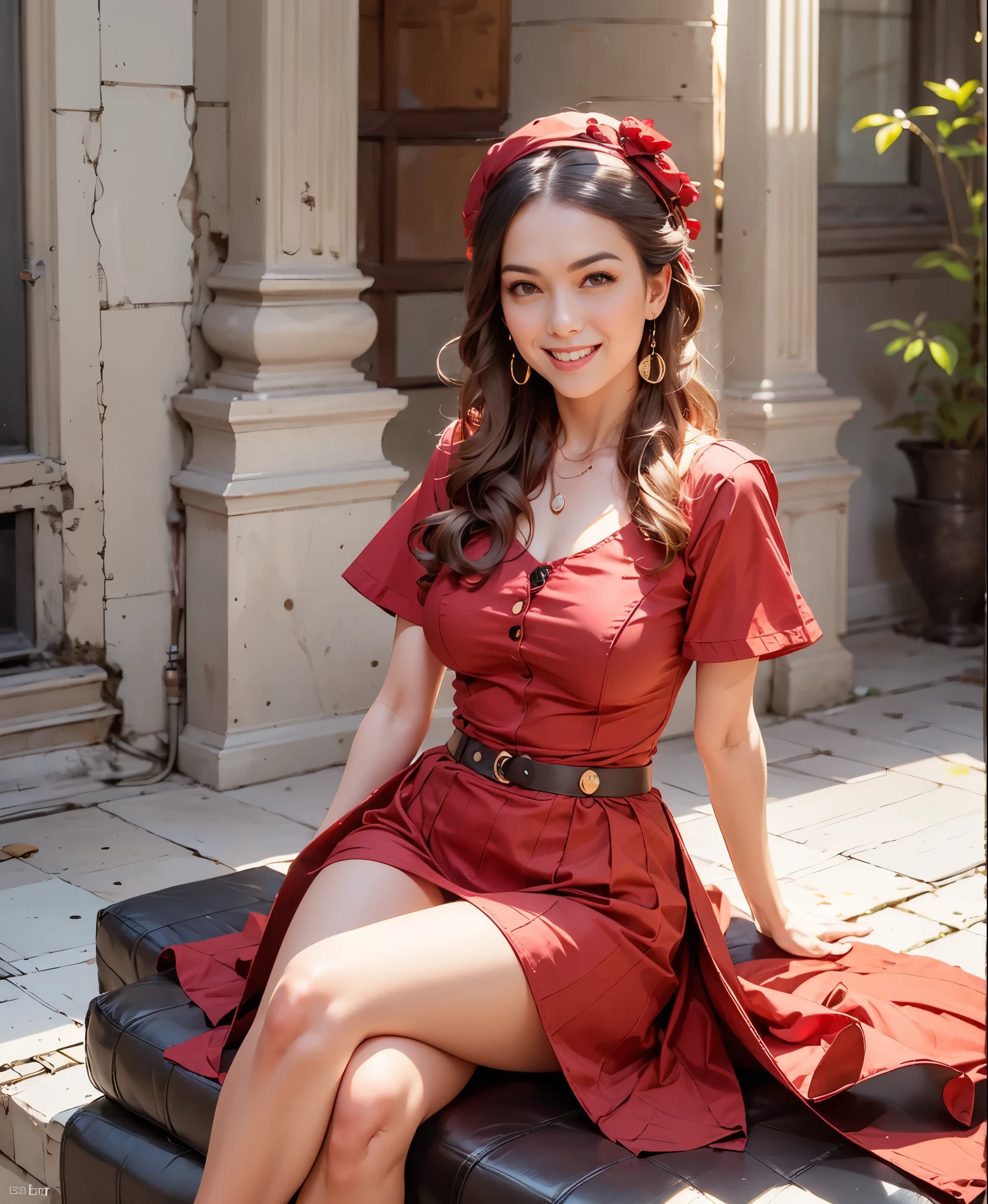 highest quality, masterpiece, attention to detail, realistic, 1 girl, beautiful hands, sexy, whole body, Blissful smile、red shiny dress