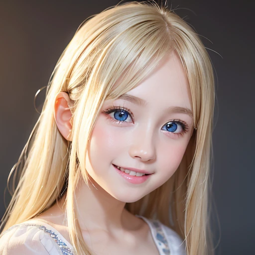 shiny skin、 Very cute and beautiful face、Shiny and very beautiful bright white skin、very beautiful and cute pale blue eyes、Beautiful very long shiny silky blonde hair with golden shine、（）、one small very beautiful cute girl、Beautiful cute bright look、Clear double eyelids、((Very happy smile))、Very cute clothes