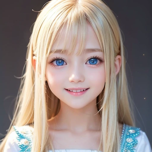 shiny skin、 Very cute and beautiful face、Shiny and very beautiful bright white skin、very beautiful and cute pale blue eyes、Beautiful very long shiny silky blonde hair with golden shine、()、one small very beautiful cute girl、Beautiful cute bright look、Clear double eyelids、((Very happy smile))、Very cute clothes