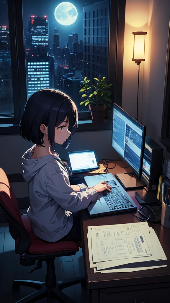 A female programmer in her 20s、Draw a scene where you are working in your room at home。She has a short hairstyle、Concentrating and staring at the computer screen。The room is dark because it&#39;s night.、keyboard on the desk、mouse、There are also several programming related books.。In the background of the room、I can see the moonlight and city lights from the small window.、Soft light from a desk lamp illuminates her workspace.。This illustration、It expresses the atmosphere of a woman immersed in coding alone on a quiet and calm night.。