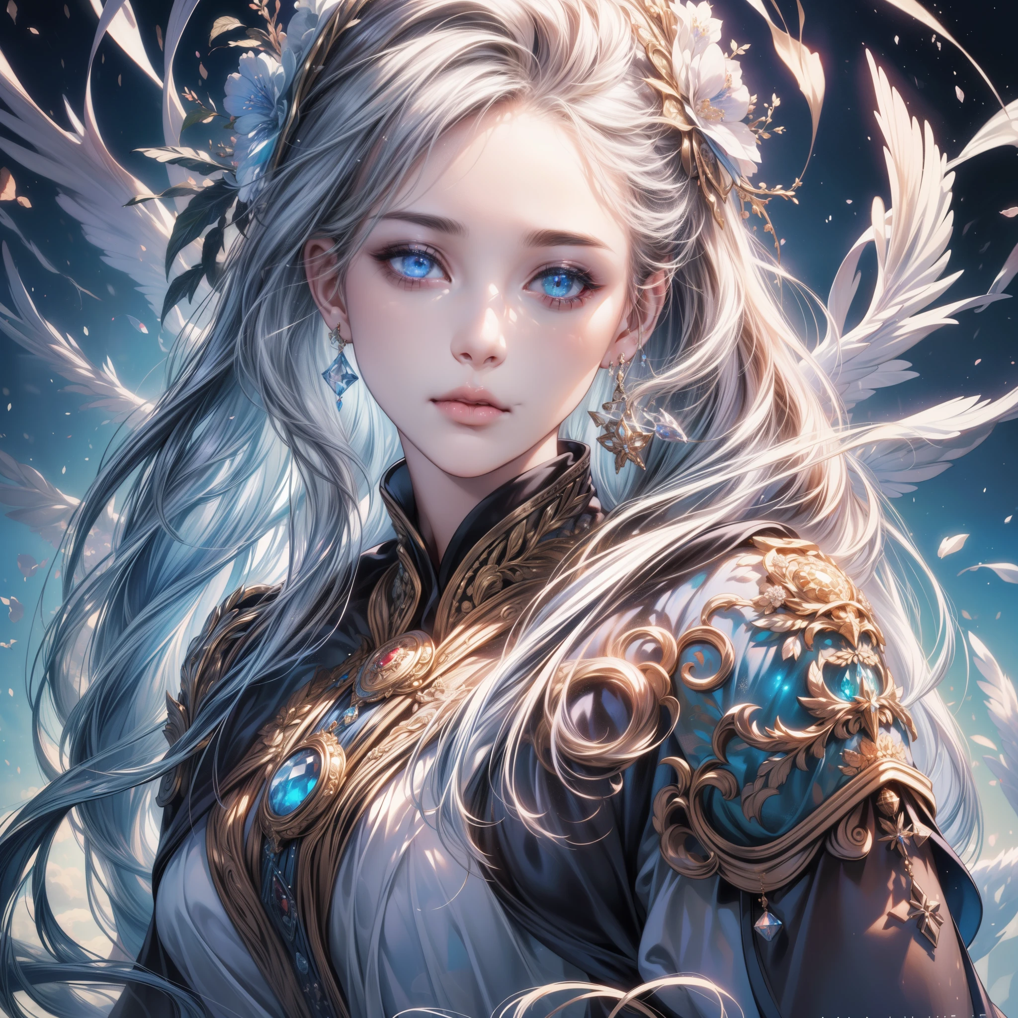Best AI Image Generation Creator、1 beautiful girl、large round eyes、Solo、Realistic,Lips,masutepiece,Best Quality,Good anatomy，Skin Texture、White background、Smaller chest、long  hair、robe blanche、Fantasy Art Style, palatial palace 、 Azure. detailed hairs, beautiful fantasy art portrait, 4K highly detailed digital art, a beautiful fantasy empress, artwork in the style of guweiz, ((a beautiful fantasy empress)), 8k high quality detailed art, Beautiful Anime Portrait