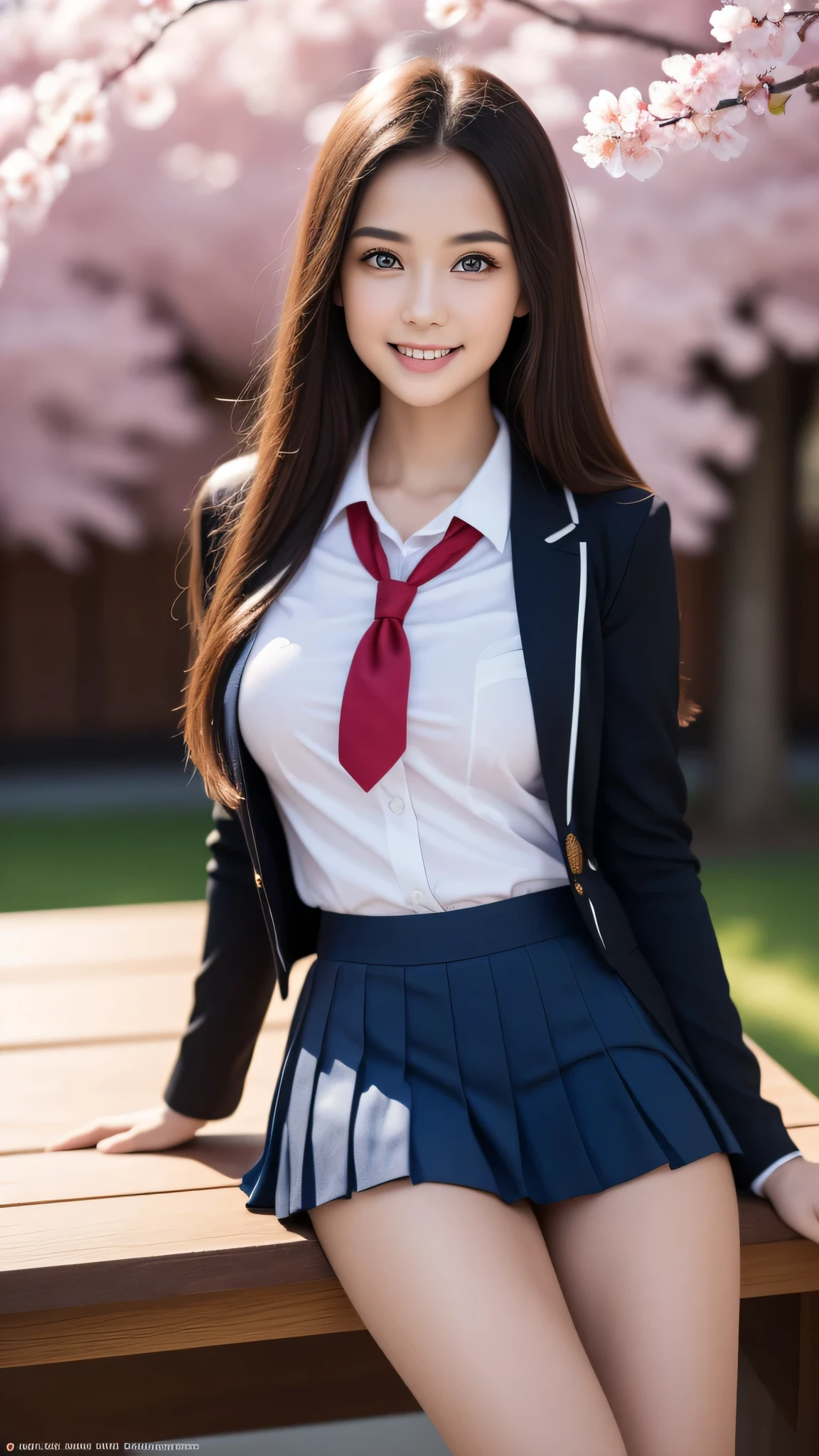 (1 girl), wonderful face and eyes, (big round eyes:1.15), (Highly detailed beautiful face), smile, (school uniform, pleated mini skirt:1.3), (school uniform with open breasts), (highest quality:1.4), (super detailed), (surreal, realistic:1.37), fair skin, Highly detailed CG integrated 8k wallpaper, RAW photo, professional photos, cinematic lighting, sitting, bench, spread your legs, (No panties), (cleft of venus:1.3), (Cherry Blossom),