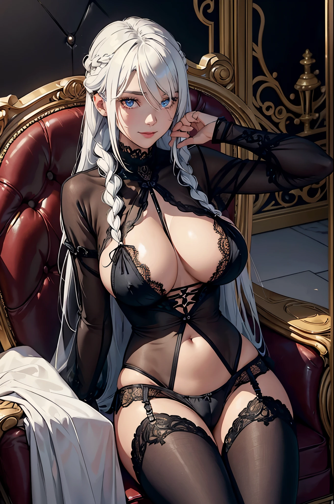 (nsfw),(black see-through bodysuit),(black lace bra, highleg panties),(gigantic breasts),1girl, (smile), sitting on the coach,upper body,(white hair), long hair, twin braids,(masterpiece, high quality, best quality), (colorful),(delicate eyes and face), volumatic light, ray tracing, bust shot ,extremely detailed CG unity 8k wallpaper,solo,outdoors, Luxurious Furniture, Opulent Decor, Elegant Sofa Set, Designer Coffee Table, High-end Lighting, Ornate Accessories, Premium Upholstery, Grand Chandelier, Lavish Interior, Refined Ambiance,
