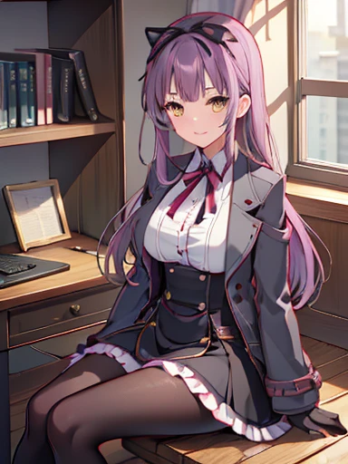 highest quality,  figure, disorganized, (1 girl), (alone), (beautiful detailed girl), Rene Bright, yellow_eye, purple hair, long hair, Broke up_前hair, hair_ribbon, black coat, white shirt, pantyhose, black knee boots, short black skirt, frills, black_gloves, inside the bedroom, on the bed, sitting, spread your legs, (Yasukura:1.1), window, bookshelf, table,, smug, smile, With confidence,