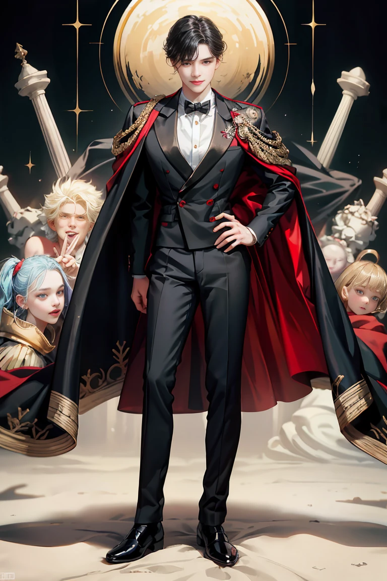 masterpiece, 最high quality, high quality, 1 boy, alone, male focus, looking at the viewer, whole body, victory_destiny, messy black hair, blue adorable big eyes, white people, Noble, noble, noble的な吸血鬼、Tuxedo,A very long large red and black cloak with a collar., 18-year-old,Cute Beautiful Boy,shy smile