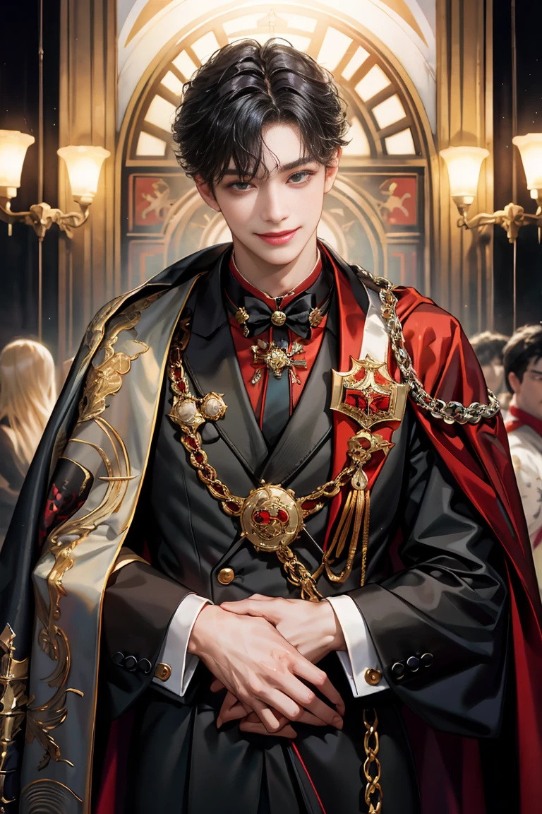 masterpiece, 最high quality, high quality, 1 boy, alone, male focus, looking at the viewer, whole body, victory_destiny, messy black hair, blue adorable big eyes, white people, Noble, noble, noble的な吸血鬼、Tuxedo,A very long large red and black cloak with a collar., 18-year-old,Cute Beautiful Boy,shy smile