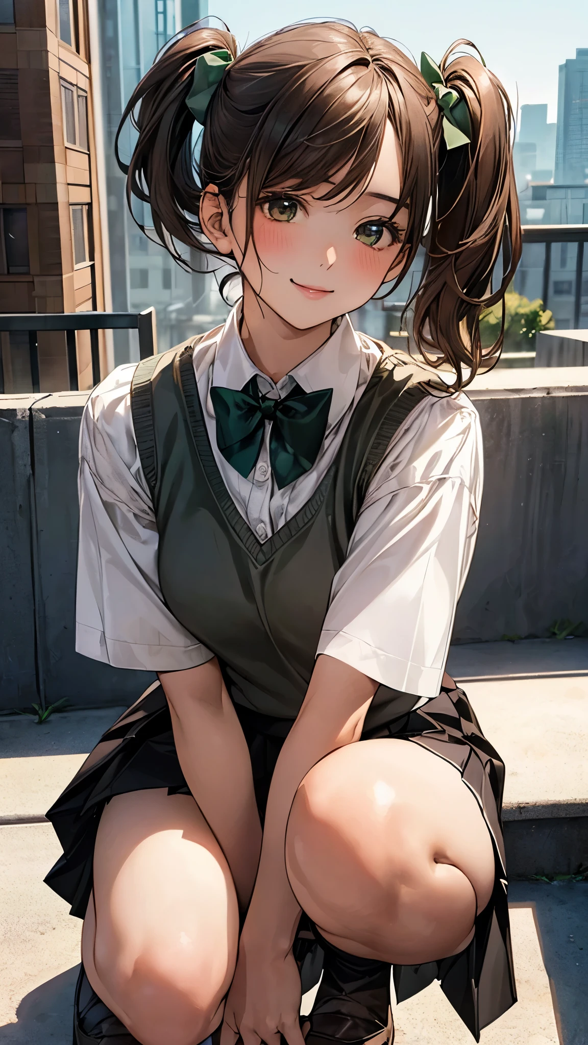 (masterpiece:1.2, top-quality), (realistic, photorealistic:1.4), beautiful illustration, (natural side lighting, movie lighting), nsfw, 
looking at viewer, panty shot, front view:0.6, 1 girl, japanese, high school girl, perfect face, cute and symmetrical face, shiny skin, 
(short hair:1.5, side ponytail:1.2, light brown hair), swept bangs, emerald green eyes, drooping eyes, long eye lasher, (large breasts:0.6), 
beautiful hair, beautiful face, beautiful detailed eyes, beautiful clavicle, beautiful body, beautiful chest, beautiful thighs, beautiful legs, 
((symmetrical clothing, white collared shirts, black pleated skirt, dark green bow tie, brown ), pink panty, ), black socks, brown knitted vest, 
(beautiful scenery), morning, school rooftop, squatting, spread legs, (lovely smile, upper eyes), 