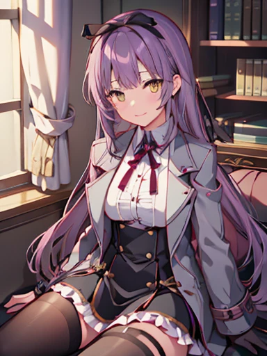 highest quality,  figure, disorganized, (1 girl), (alone), (beautiful detailed girl), Len Bright, yellow_eye, purple hair, long hair, Broke up_前hair, hair_ribbon, black coat, white shirt, pantyhose, black knee boots, short black skirt, frills, black_gloves, inside the bedroom, on the bed, sitting, spread your legs, (Yasukura:1.1), window, bookshelf, table,, smug, smile, With confidence,