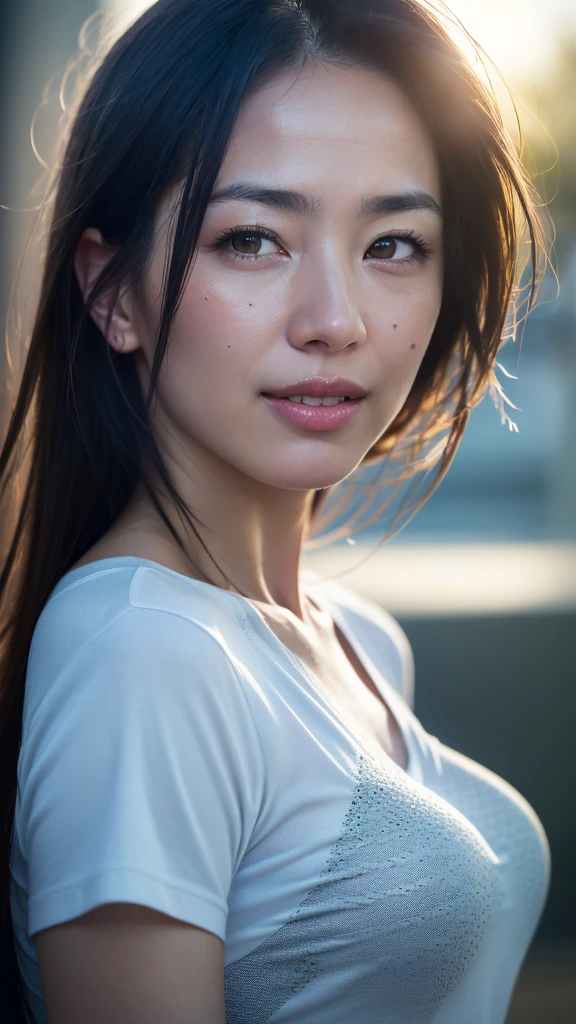 dressed, (photo realistic:1.4), (hyper realistic:1.4), (realistic:1.3), (smoother lighting:1.05), (increase cinematic lighting quality:0.9), 32K, (1girl), 34yo mature girl, realistic lighting, backlighting, light on face, ray trace, (brightening light:1.2), (Increase quality:1.4), (best quality real texture skin:1.4), finely detailed eyes, finely detailed face, (happy and joy), (laugh:0), upper body portrait, t-shirts, (Increase body line mood:1.1), (Increase skin texture beauty:1.1), depth of field, rule of thirds.