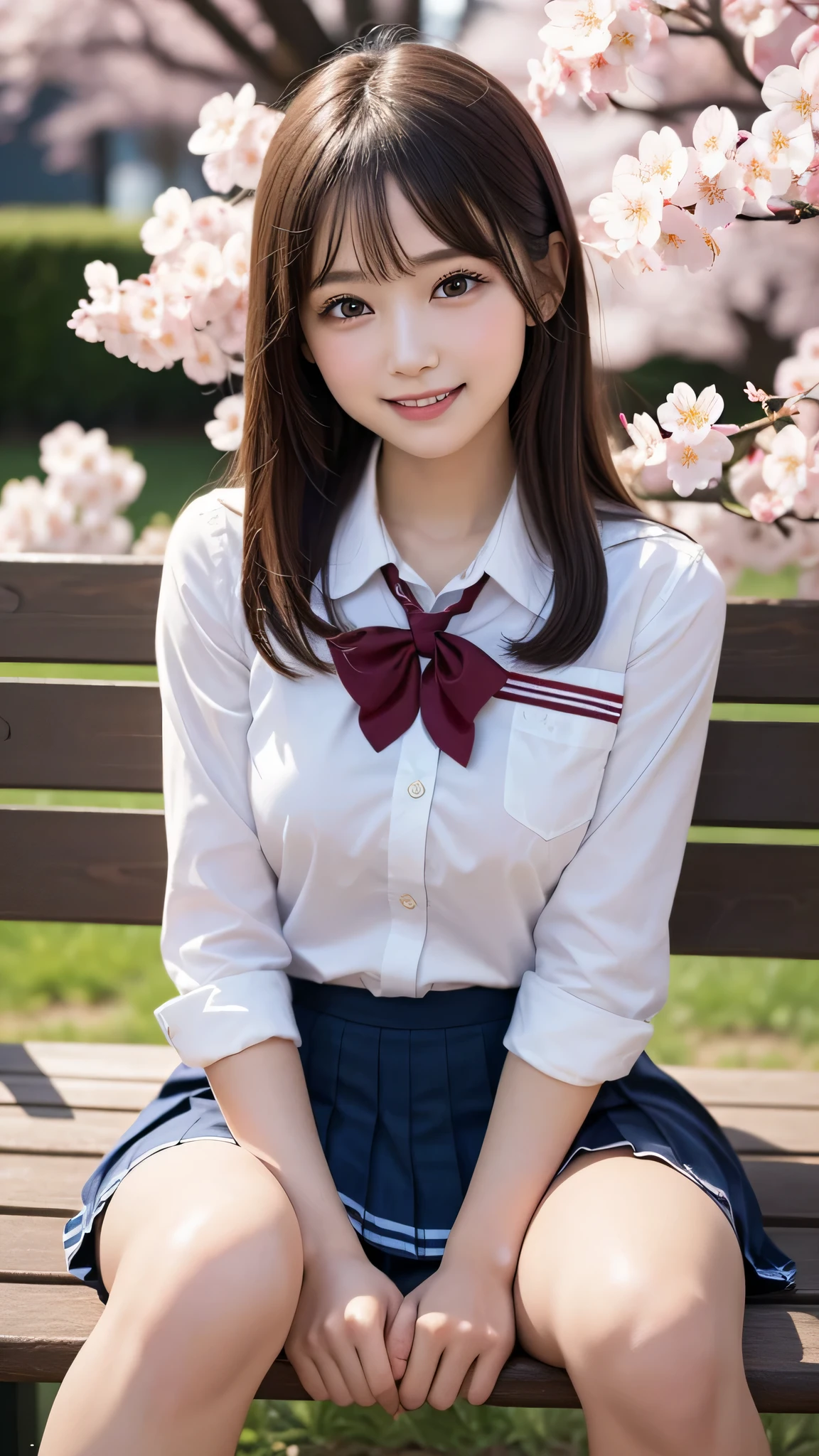 (1 girl), wonderful face and eyes, (big round eyes:1.15), (Highly detailed beautiful face), smile, (school uniform, pleated mini skirt:1.3), (school uniform with open breasts), (highest quality:1.4), (super detailed), (surreal, realistic:1.37), fair skin, Highly detailed CG integrated 8k wallpaper, RAW photo, professional photos, cinematic lighting, sitting, bench, spread your legs, (No panties), (cleft of venus:1.3), (Cherry Blossom), 