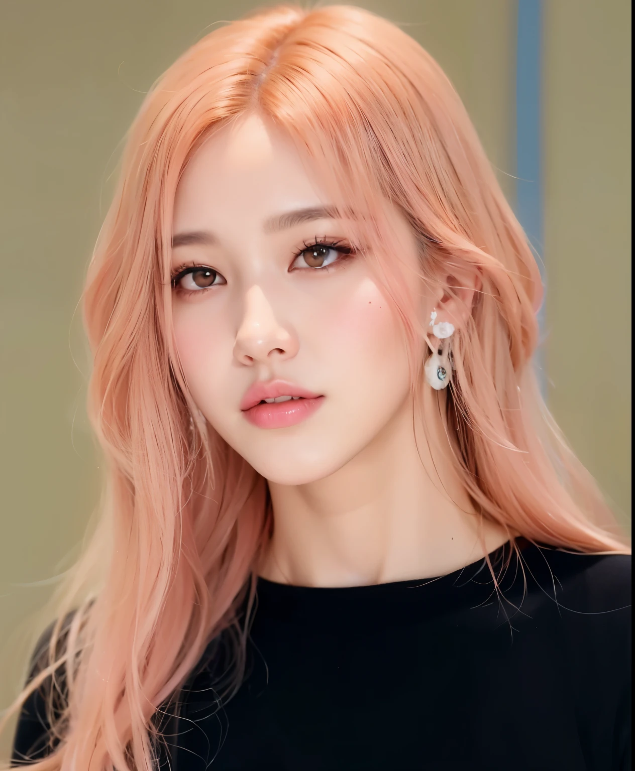 a close up of a woman con cabello rosado and a black shirt, portrait of jossi de blackpink, parque roseanne de blackpink, jossi de blackpink, maquillaje popular de corea del sur, jennie rosa negro, con cabello rosado, pelo liso rosa, retrato de jisoo rosa negro, retrato de ídolo coreano femenino, Lalisa Manoban de Blackpink, cabello rosado que fluye, sol yunjoo, Tono rosado