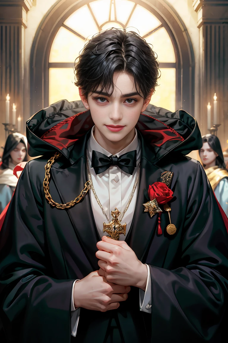 masterpiece, 最high quality, high quality, 1 boy, alone, male focus, looking at the viewer, whole body, victory_destiny, messy black hair, blue adorable big eyes, white people, Noble, noble, noble的な、Tuxedo,A very long large red and black cloak with a collar., 18-year-old,Cute Beautiful Boy,shy smile