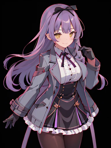 highest quality,  figure, disorganized, (1 girl), (alone), (beautiful detailed girl), Len Bright, yellow_eye, purple hair, long hair, Broke up_前hair, hair_ribbon, black coat, white shirt, pantyhose, black knee boots, short black skirt, frills, black_gloves, ,, smug, smile, With confidence,