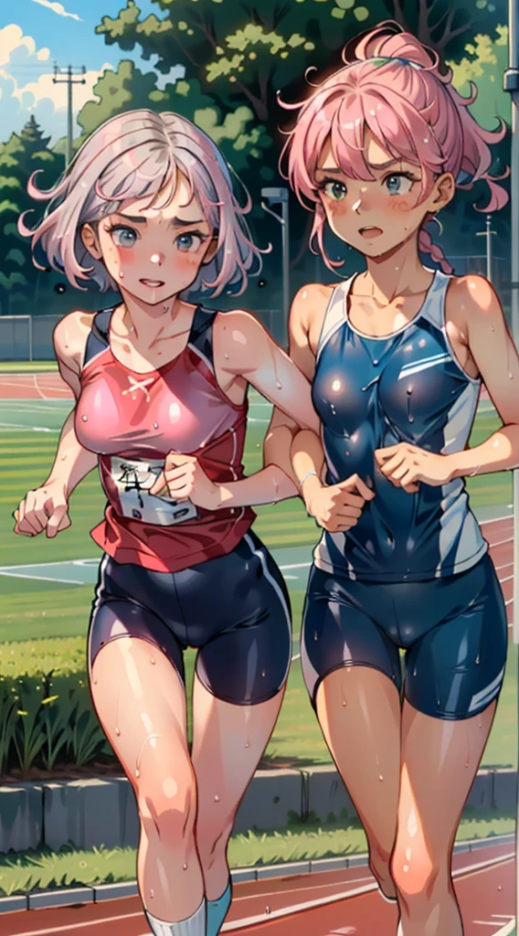 masterpiece, best quality, Super detailed, illustration, extremely delicate and beautiful,high resolution, Super detailed,,perfect face,slender and perfect figure, Tightness in the abdomen,toned butt,Tighten the waist,,(2 girls going for a run:1.7),  years,(1 girl pink hair,1 girl with gray hair), (1 girl has short hair,1 girl braids her long hair),(hachimaki), Shy daughter, short and small,  ,(flom track and field), (fashionable track and field athlete),(bike shorts), , (wet:1.2), track and field,((very wide lens )),(camel toe),( Can be seen through clothes) big breast