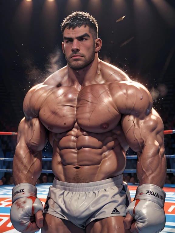 3D Photorealistic, Masterpiece realistic, best high quality, perfect details, RAW Photo, intricate details, nice lighting, 4K, detailed background, In the championship boxing match, A determined muscular boxing champion 45-year-old man, perfect wrinkle wearing pure white boxing trunk and red boxing gloves. His faces marked with grit and determination. Crowded audiences and nice lighting, nice face lighting, serving a boxing battleground. The banner signs overhead cast a surreal, flickering glow, adding to the atmosphere of raw energy. He looks firm in powerful boxing stances, as ready to start the fight in a next second. Unnoticed by the world beyond. It's a fight born of pride, rivalry, or perhaps a deeper conflict and pride, and it rages on with an intensity that can only be found in the unforgiving boxing stadium of the city. Intricate details, details of physic muscle, perfect ????????????, perfect hand anatomy. hot beard, (straight face:1.2), bodily fluid (bodily fluid:1.5), bruised body (bruised body:1.8), last breathe (last breathe:1.8), damaged abs (damaged abs:1.7), run out of stamina (run out of stamina:1.8), extremely fatigue status (extremely fatigue:1.8), enfeeble status (enfeeble:1.7), weaken status (weaken:1.8), look elsewhere (look elsewhere:1.4)