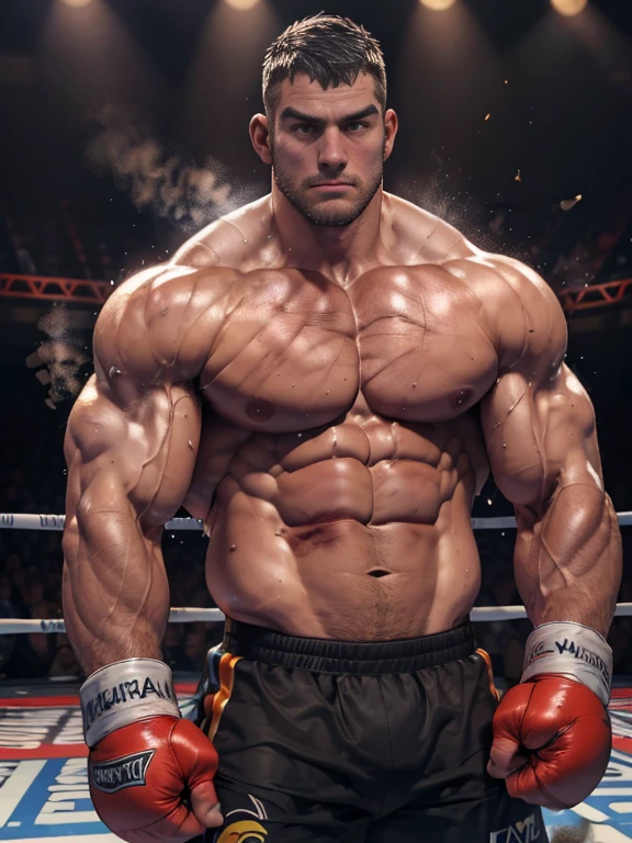 3D Photorealistic, Masterpiece realistic, best high quality, perfect details, RAW Photo, intricate details, nice lighting, 4K, detailed background, In the championship boxing match, A determined muscular boxing champion 45-year-old man, perfect wrinkle wearing pure white boxing trunk and red boxing gloves. His faces marked with grit and determination. Crowded audiences and nice lighting, nice face lighting, serving a boxing battleground. The banner signs overhead cast a surreal, flickering glow, adding to the atmosphere of raw energy. He looks firm in powerful boxing stances, as ready to start the fight in a next second. Unnoticed by the world beyond. It's a fight born of pride, rivalry, or perhaps a deeper conflict and pride, and it rages on with an intensity that can only be found in the unforgiving boxing stadium of the city. Intricate details, details of physic muscle, perfect body anatomy, perfect hand anatomy. hot beard, (straight face:1.2), bodily fluid (bodily fluid:1.5), bruised body (bruised body:1.8), last breathe (last breathe:1.8), damaged abs (damaged abs:1.7), run out of stamina (run out of stamina:1.8), extremely fatigue status (extremely fatigue:1.8), enfeeble status (enfeeble:1.7), weaken status (weaken:1.8), look elsewhere (look elsewhere:1.4)